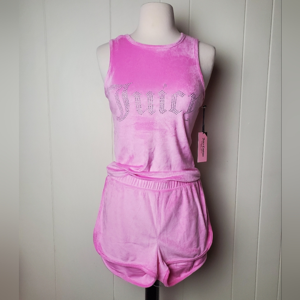 JUICY COUTURE pink velour rhinestone tank top and shorts set